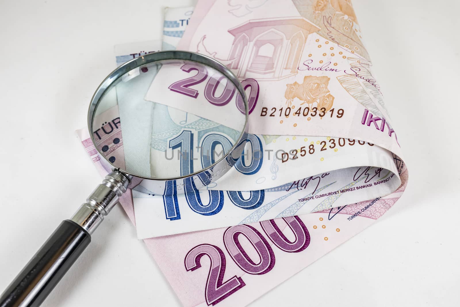 close up turkish lira banknotes on background