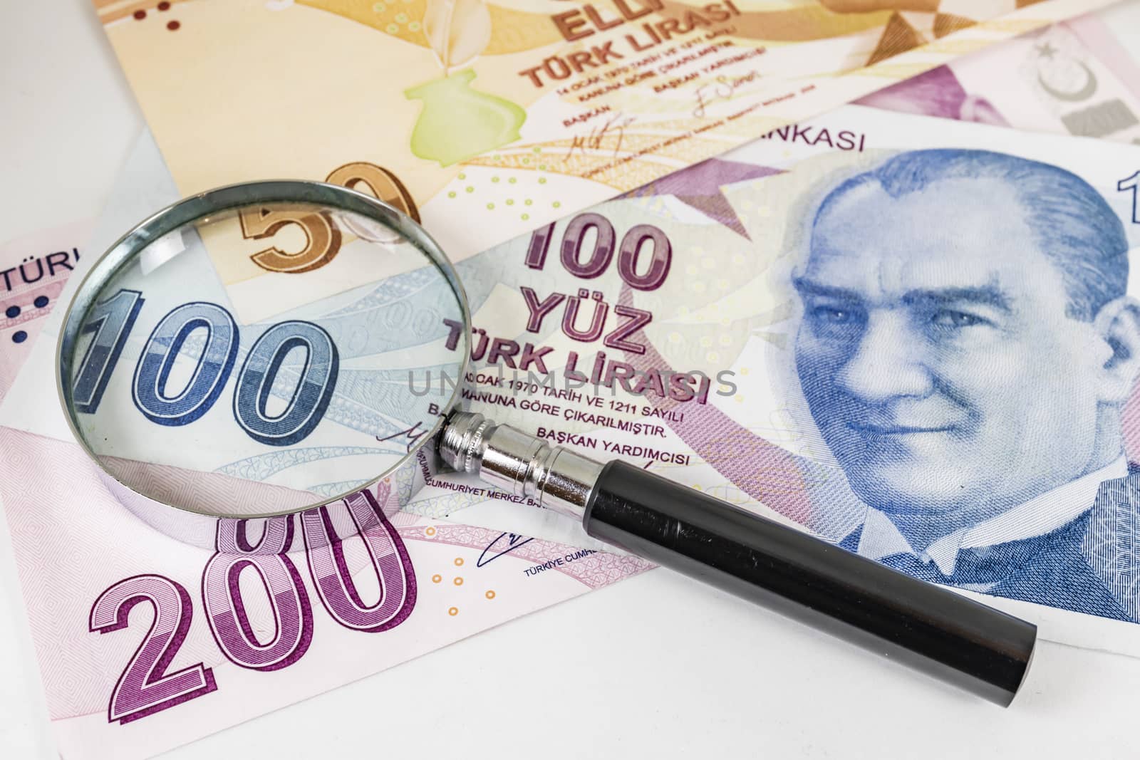 close up turkish lira banknotes on background
