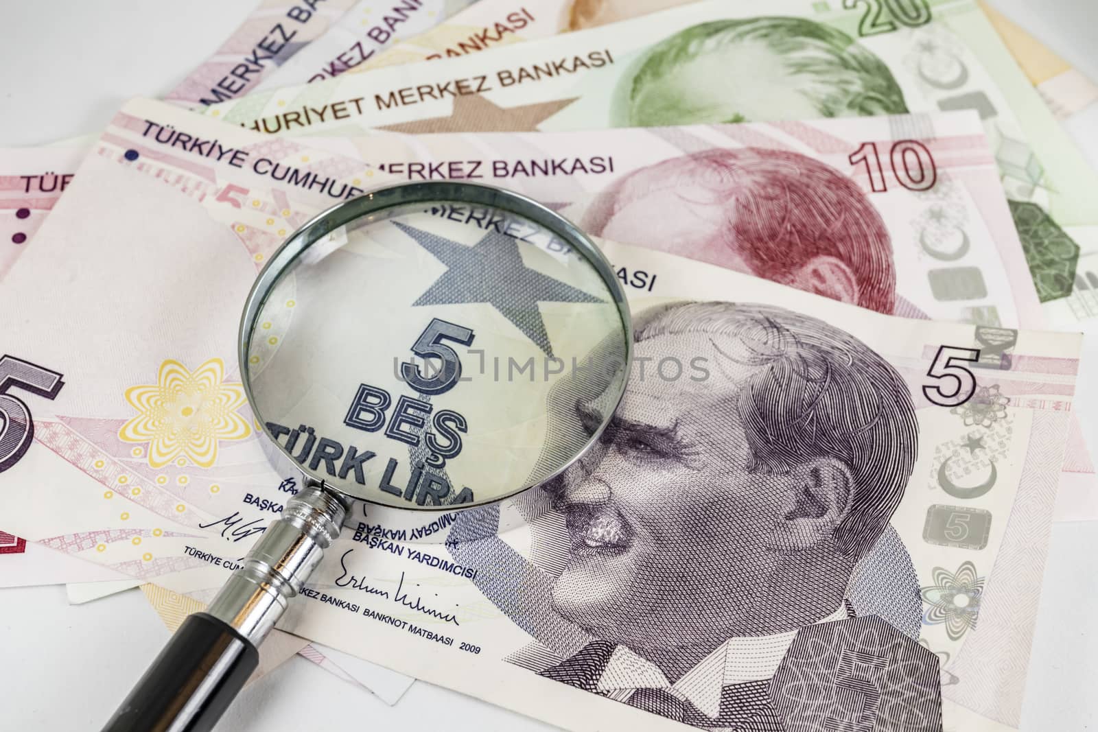 close up turkish lira banknotes on background