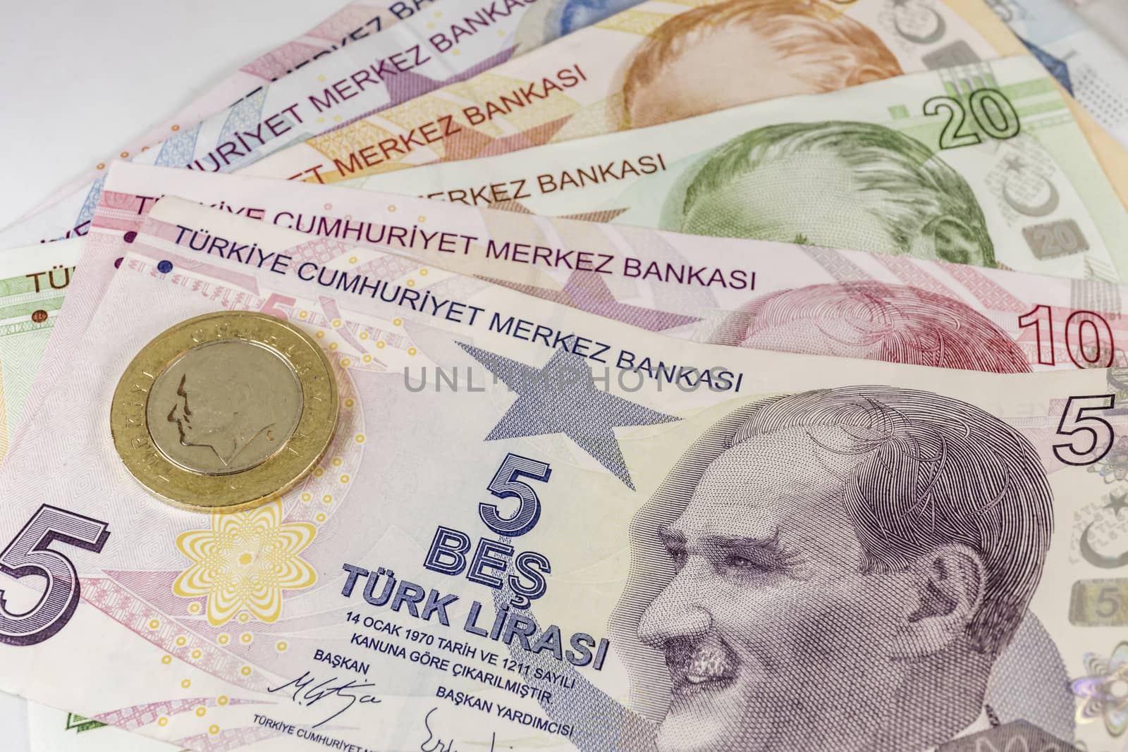 close up turkish lira banknotes on background