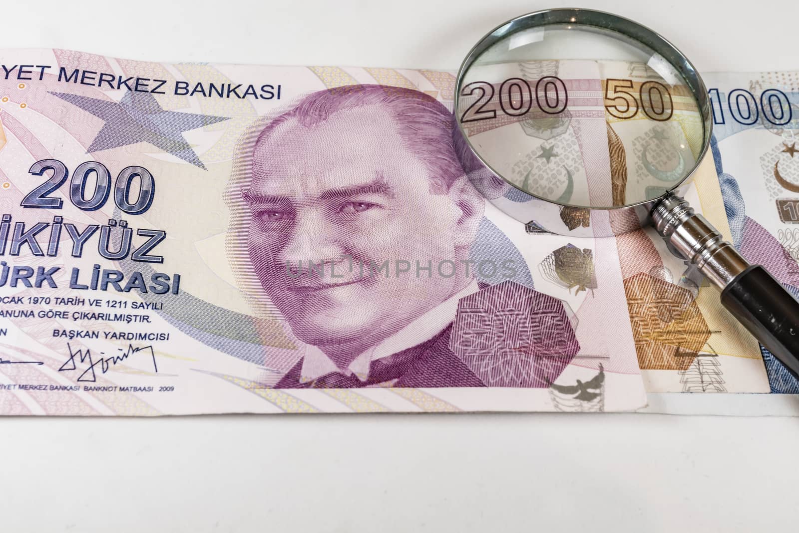 close up turkish lira banknotes on background