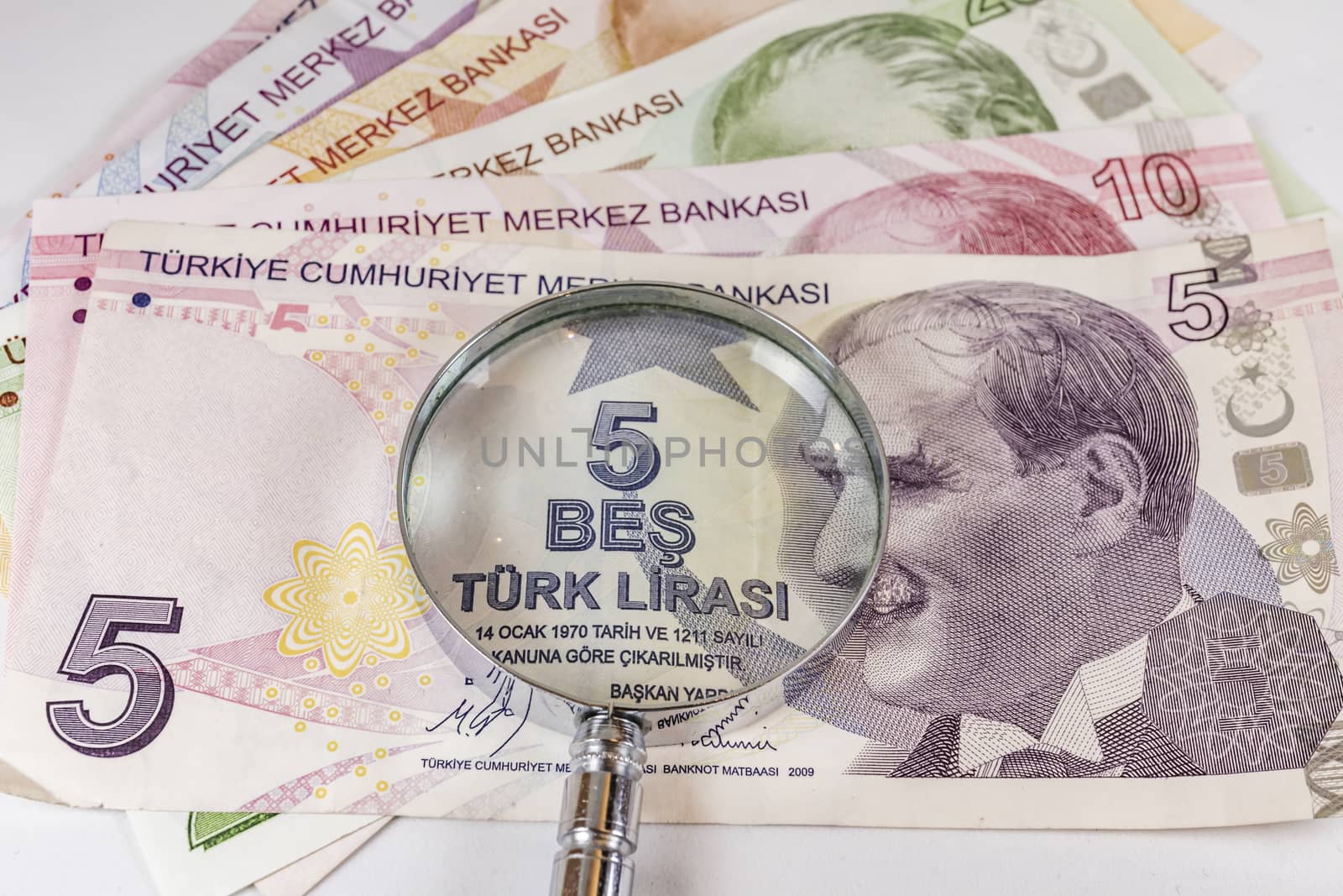 close up turkish lira banknotes on background