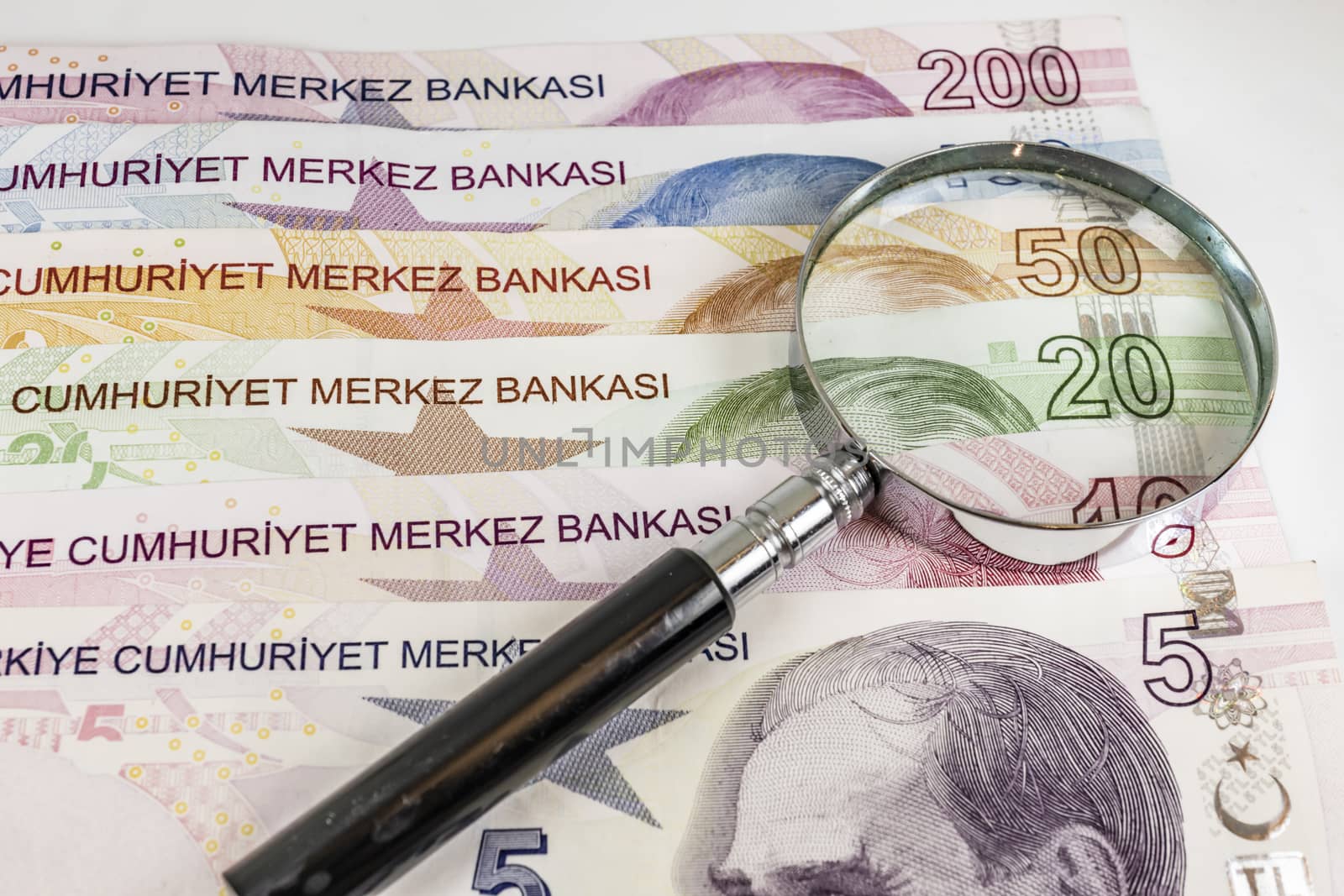 close up turkish lira banknotes on background