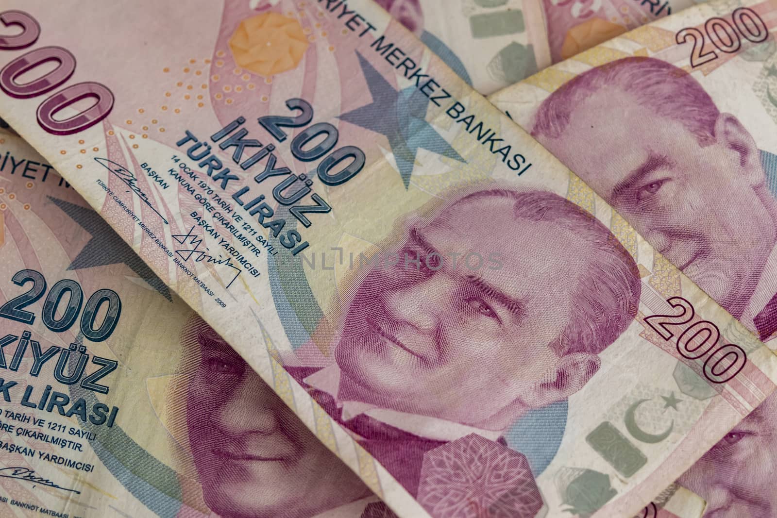 close up turkish lira banknotes on background