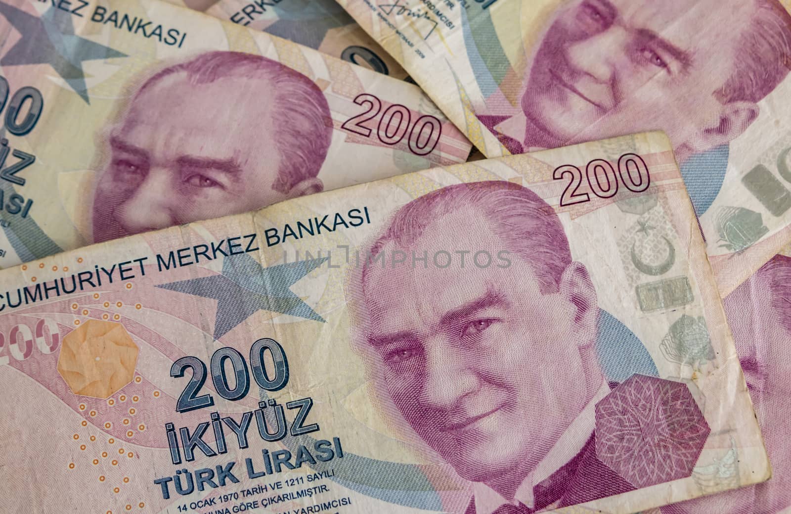 close up turkish lira banknotes on background