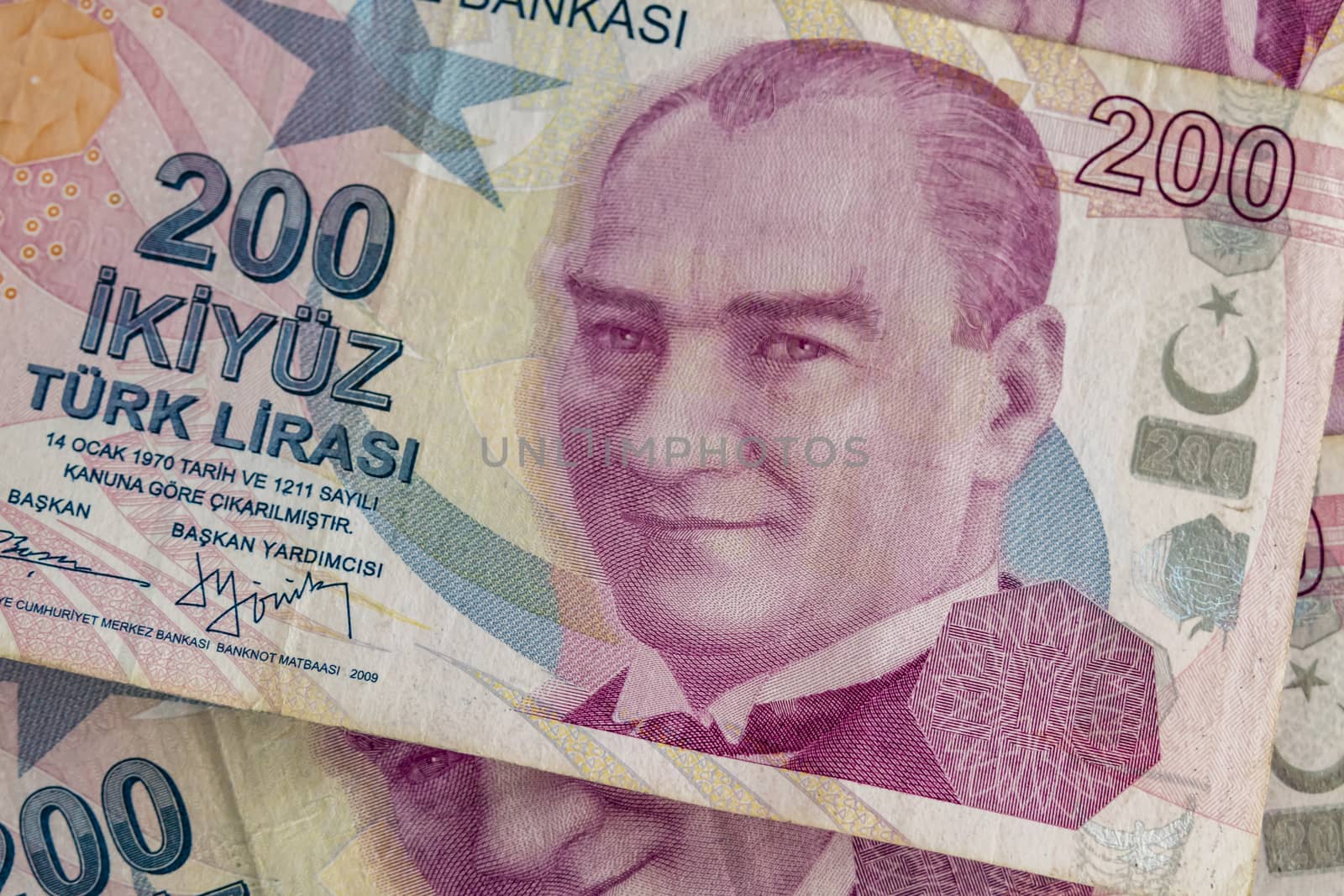 close up turkish lira banknotes on background
