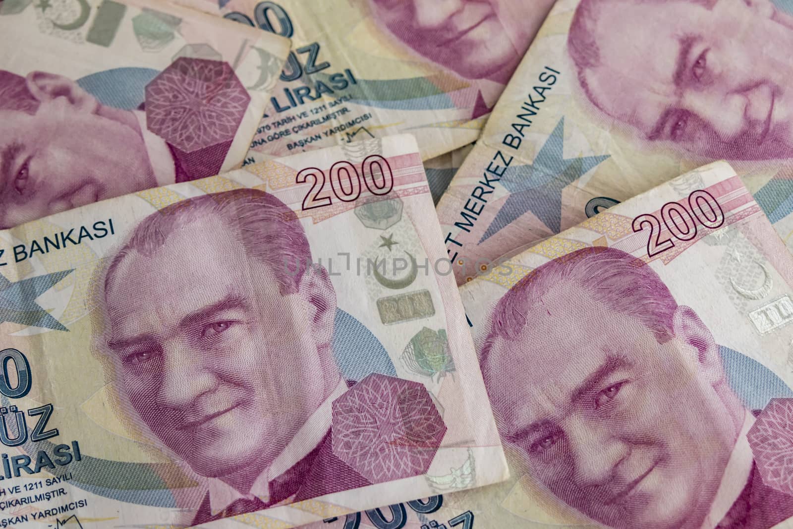 close up turkish lira banknotes on background
