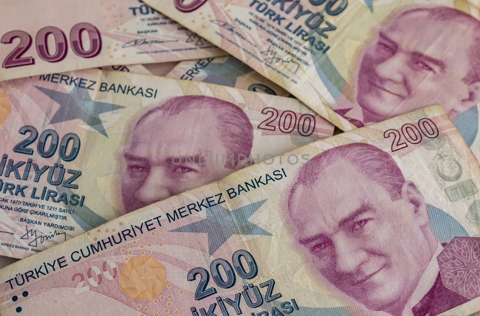 close up turkish lira banknotes on background