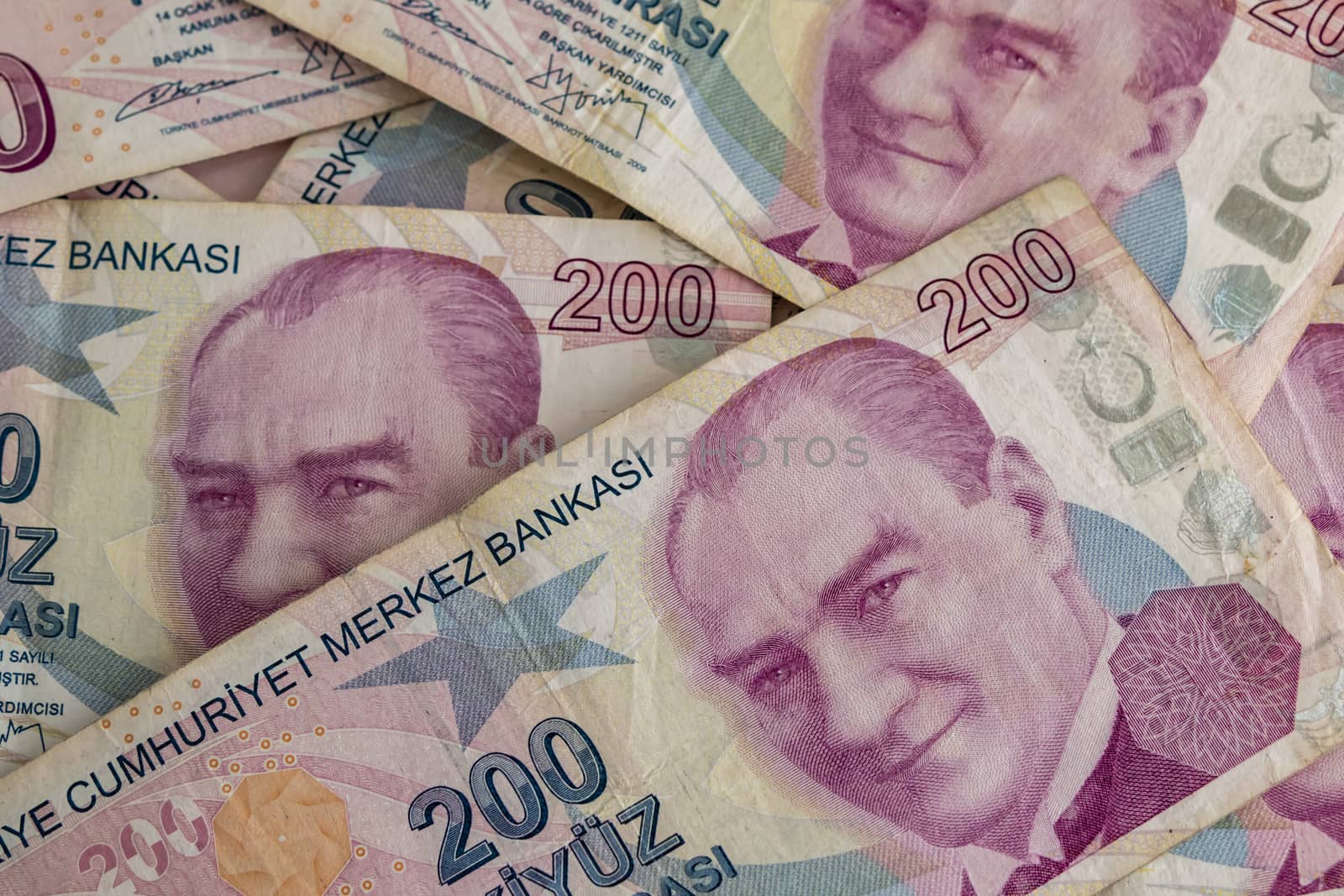 close up turkish lira banknotes on background