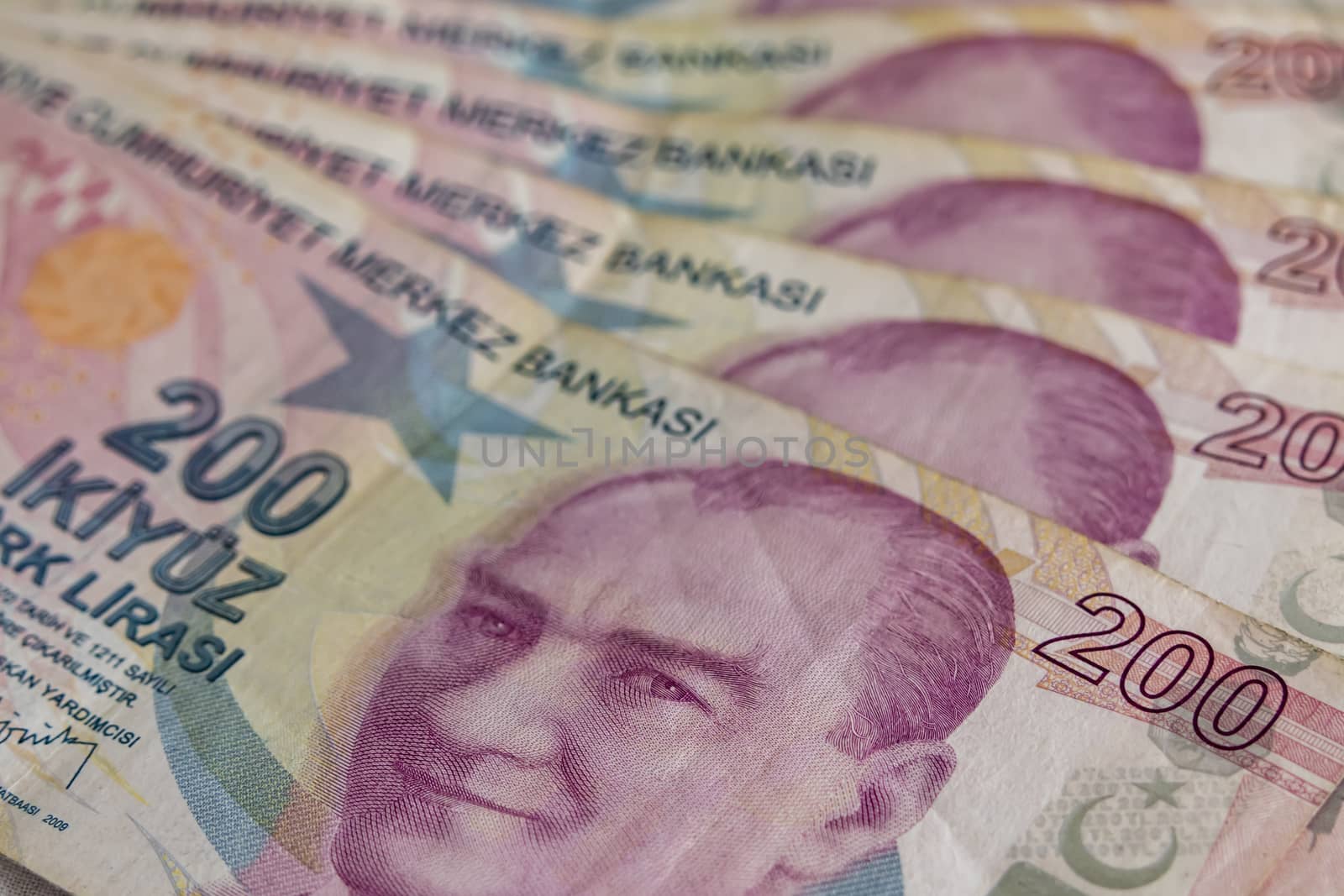 close up turkish lira banknotes on background