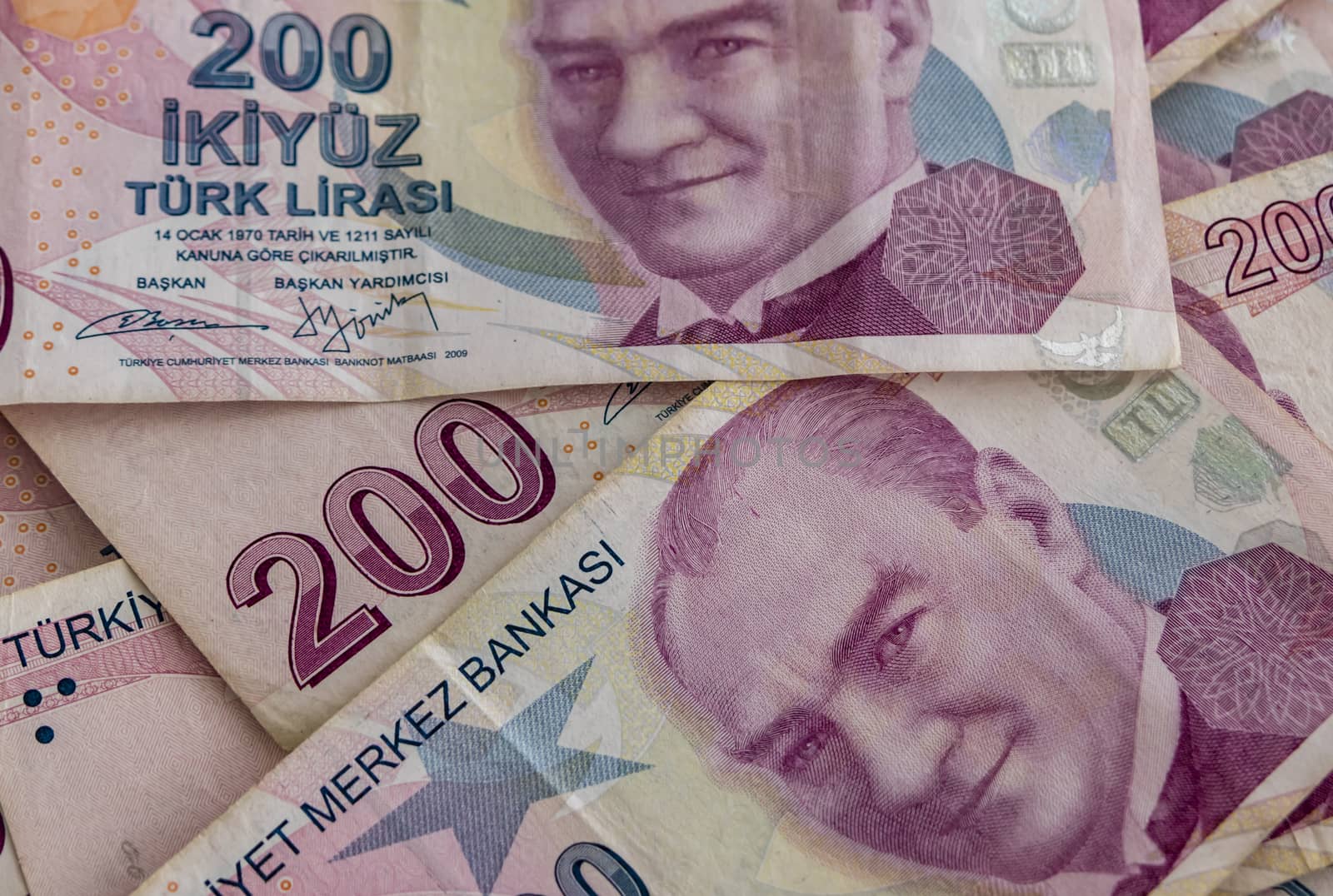 close up turkish lira banknotes on background