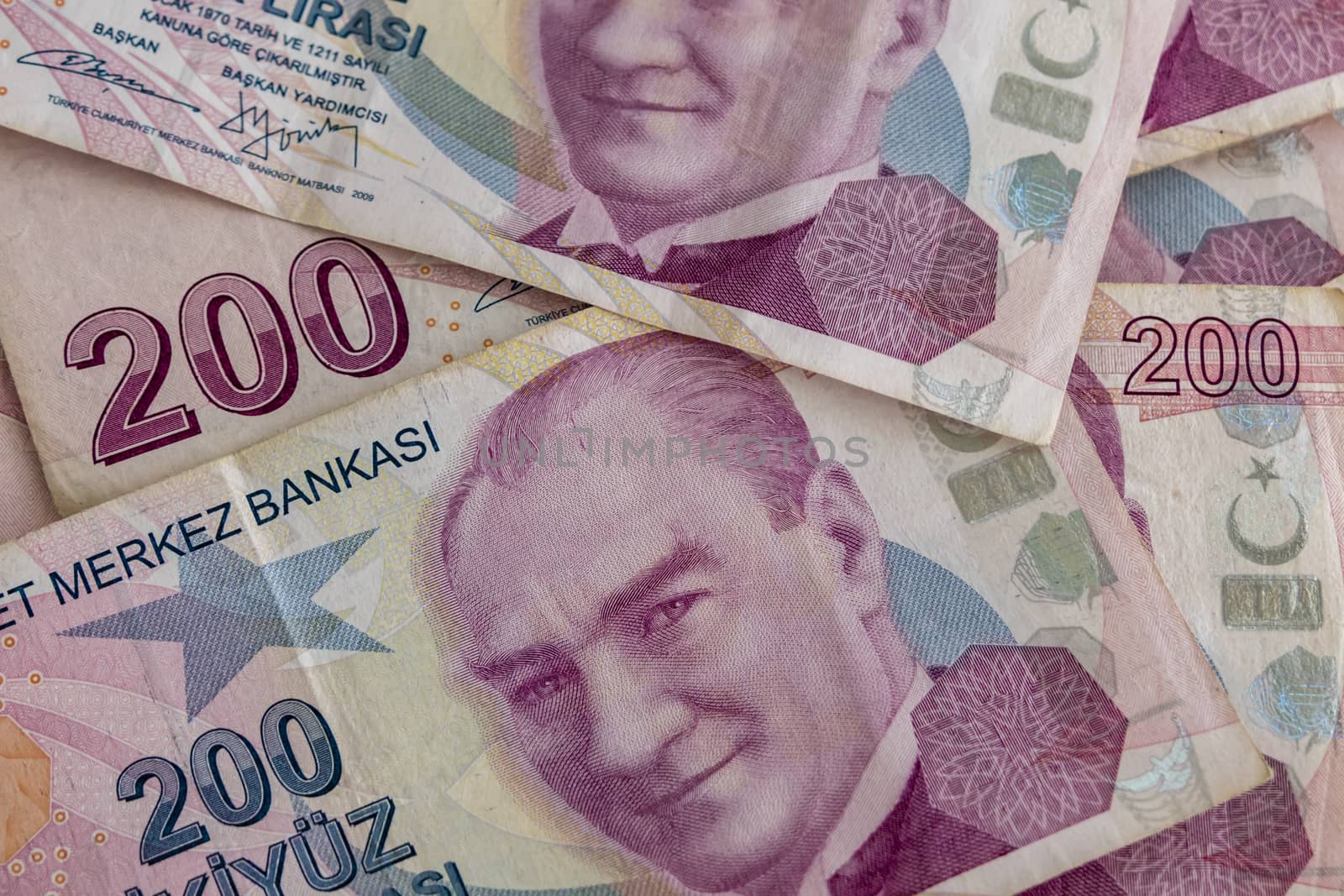 close up turkish lira banknotes on background