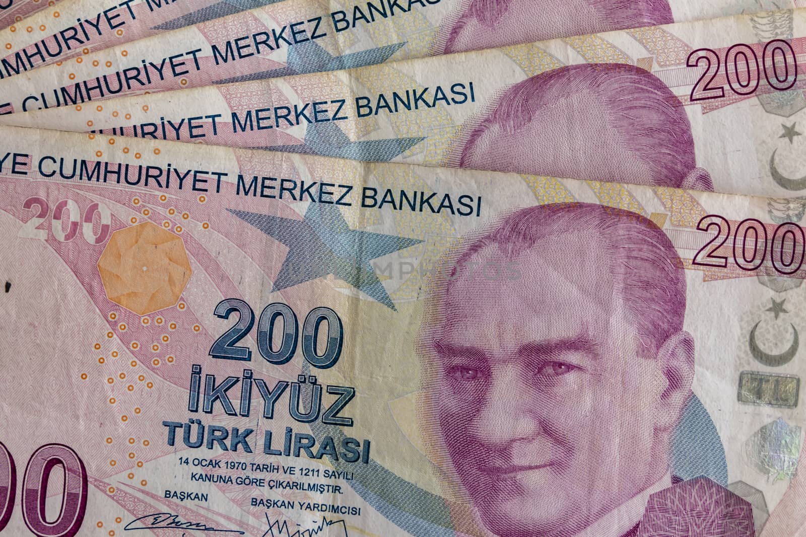close up turkish lira banknotes on background