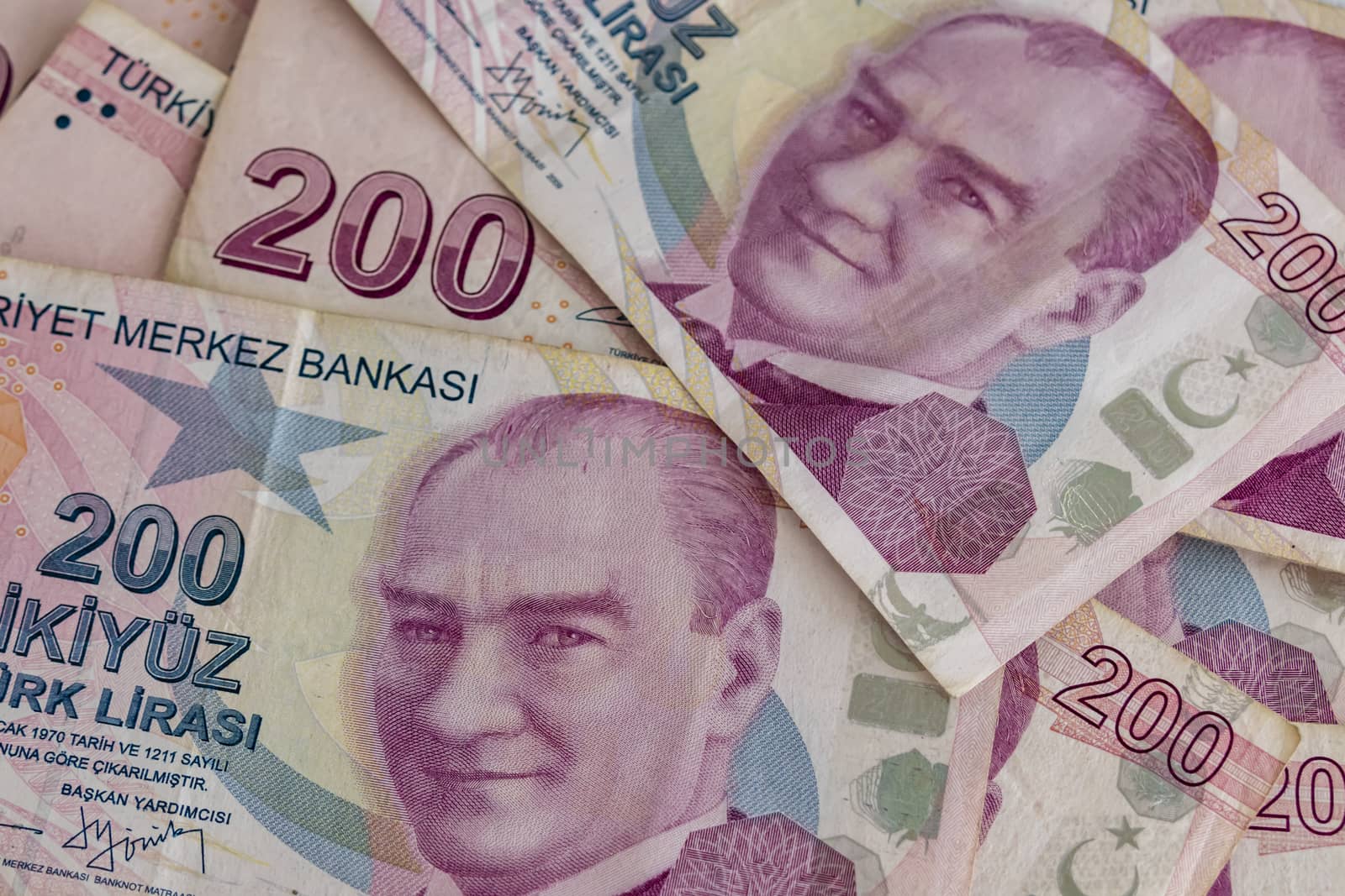 close up turkish lira banknotes on background