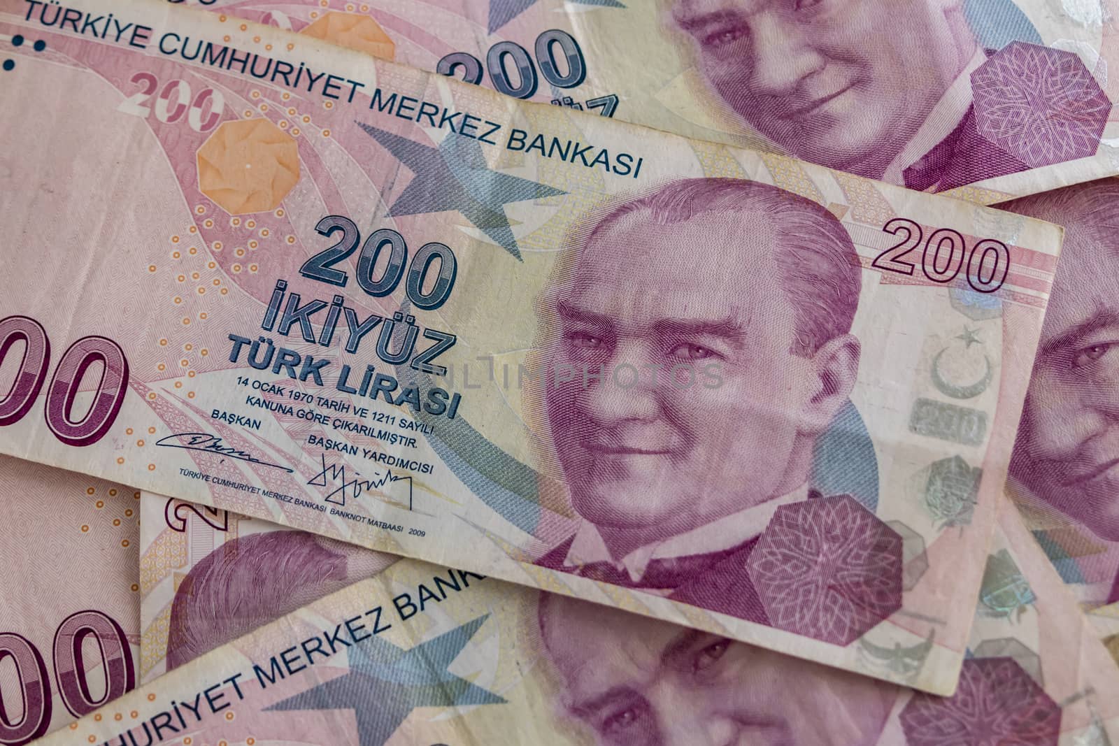 close up turkish lira banknotes on background