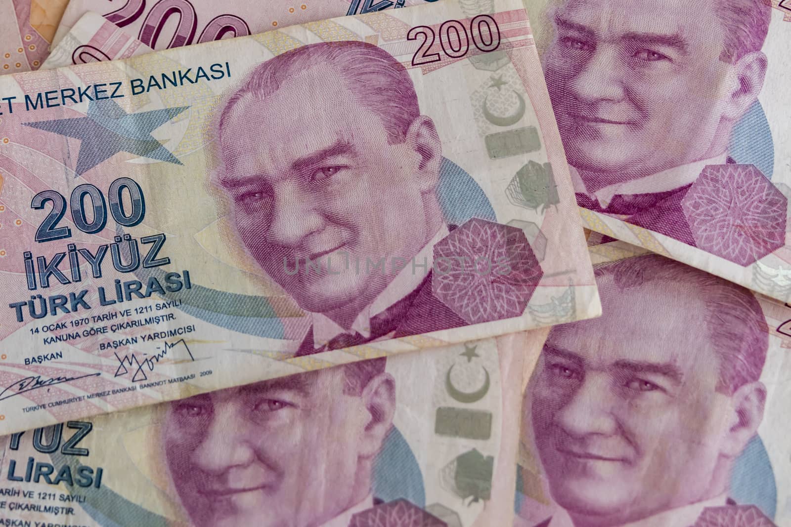 close up turkish lira banknotes on background