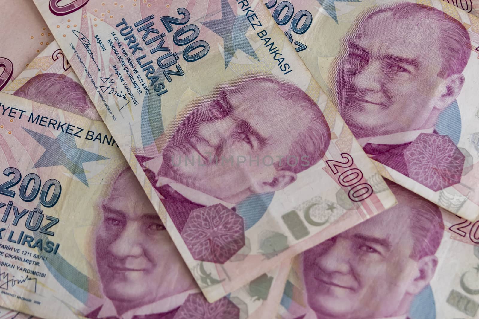 close up turkish lira banknotes on background