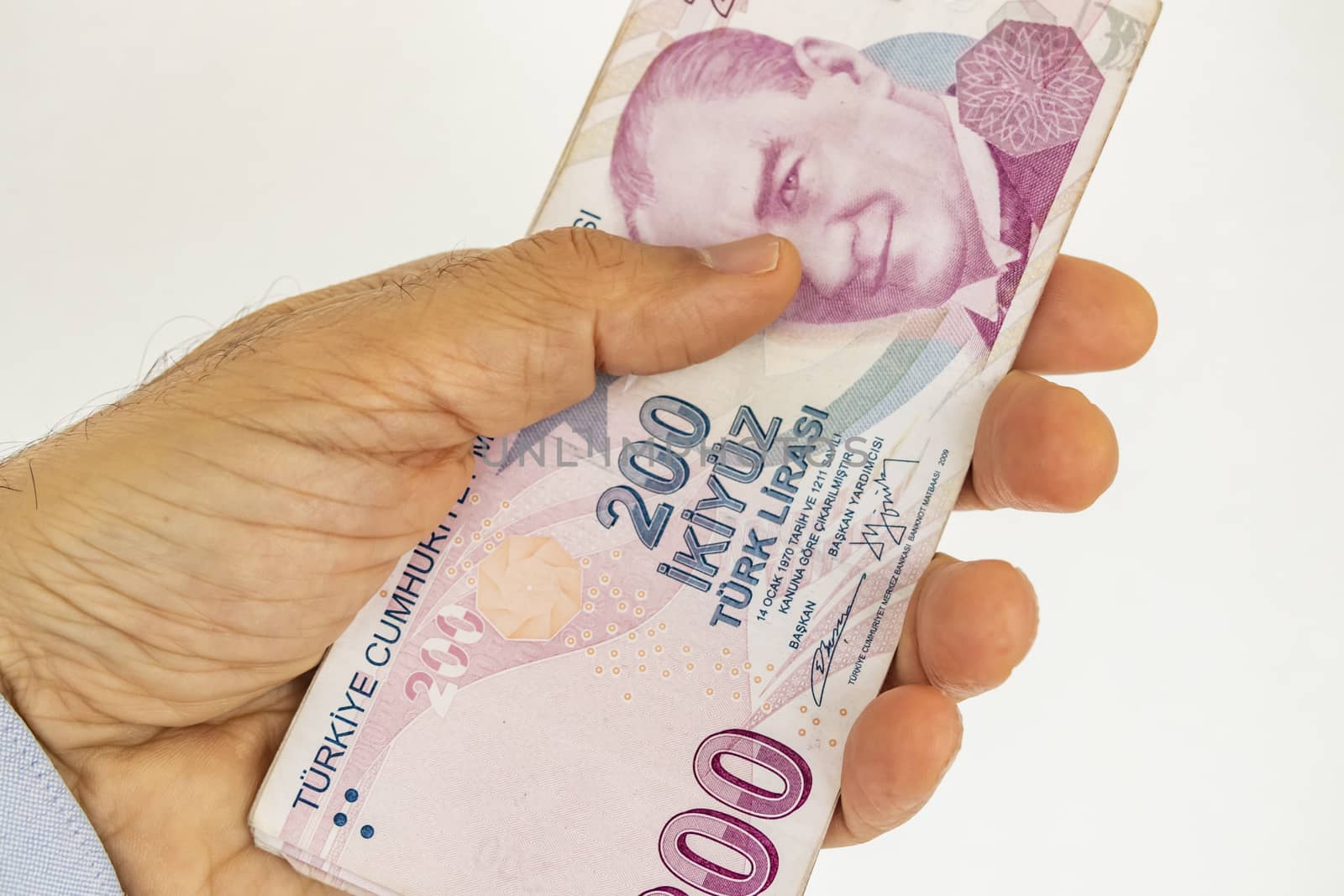close up turkish lira banknotes on background