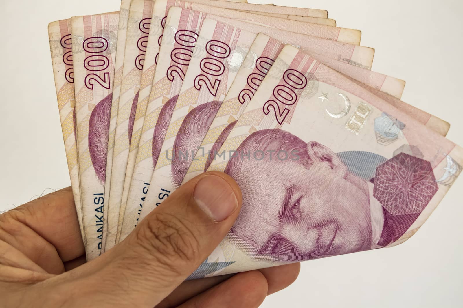 close up turkish lira banknotes on background