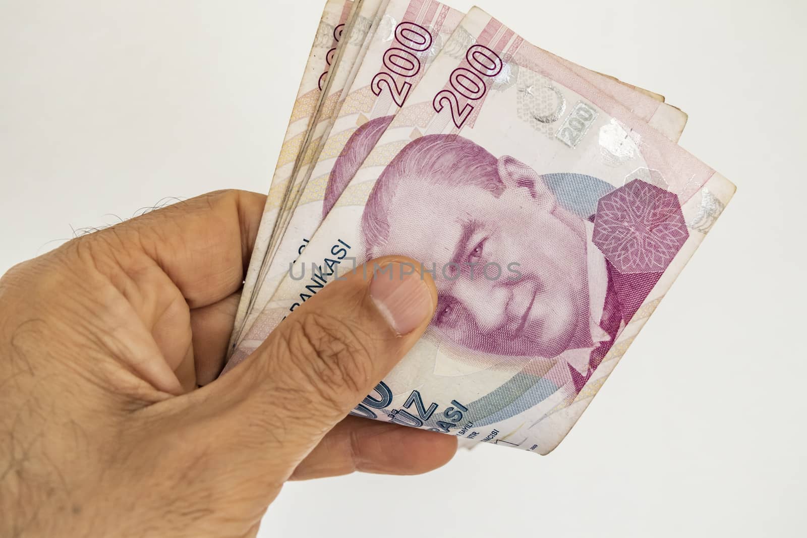 close up turkish lira banknotes on background