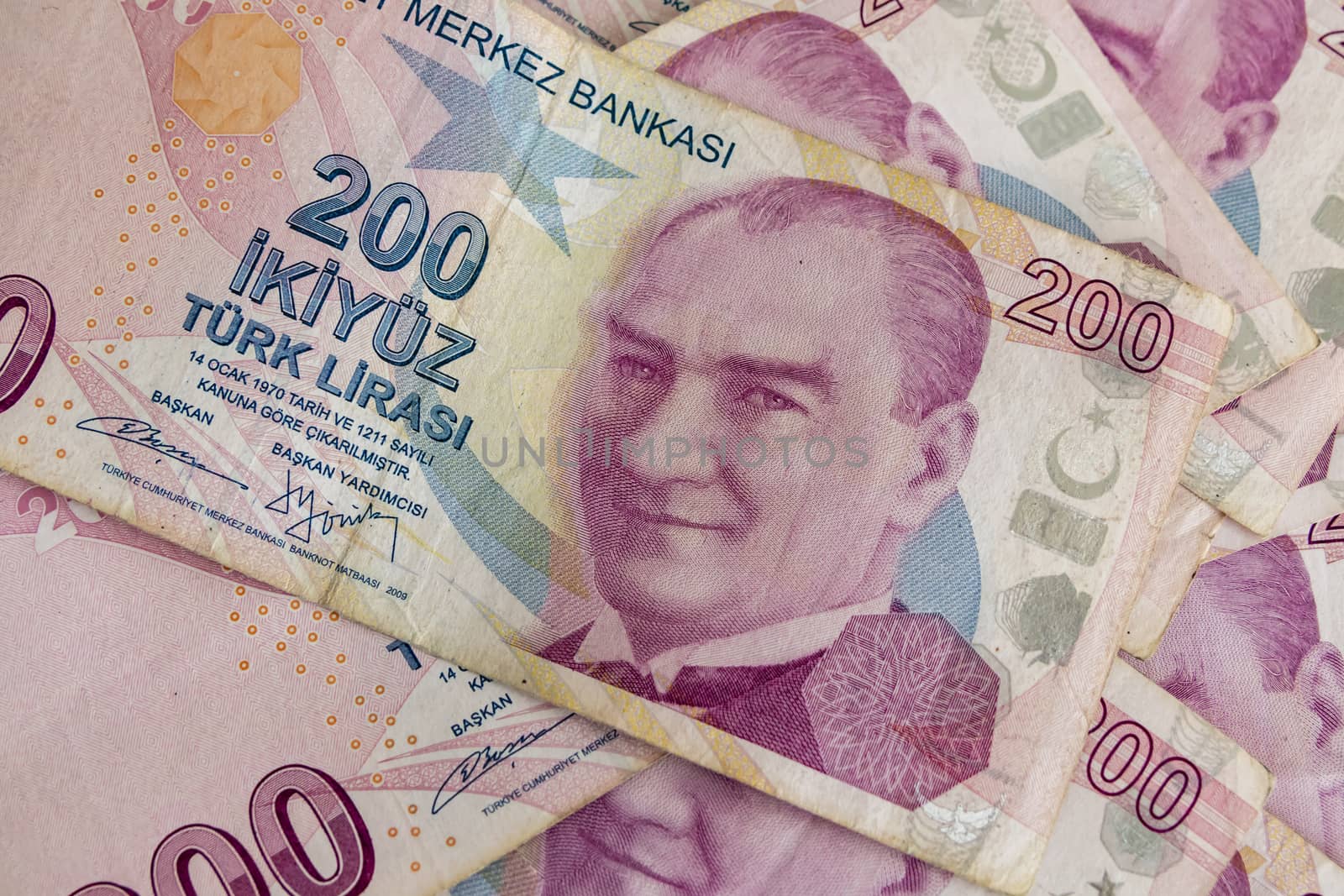 close up turkish lira banknotes on background