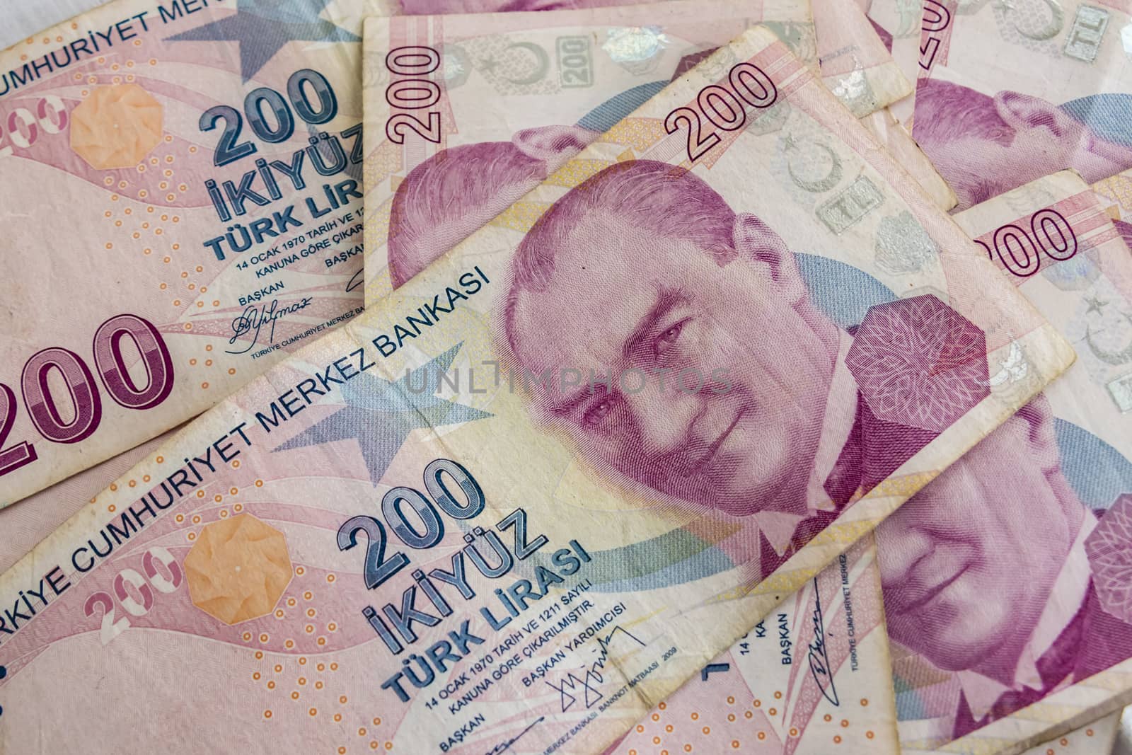 close up turkish lira banknotes on background