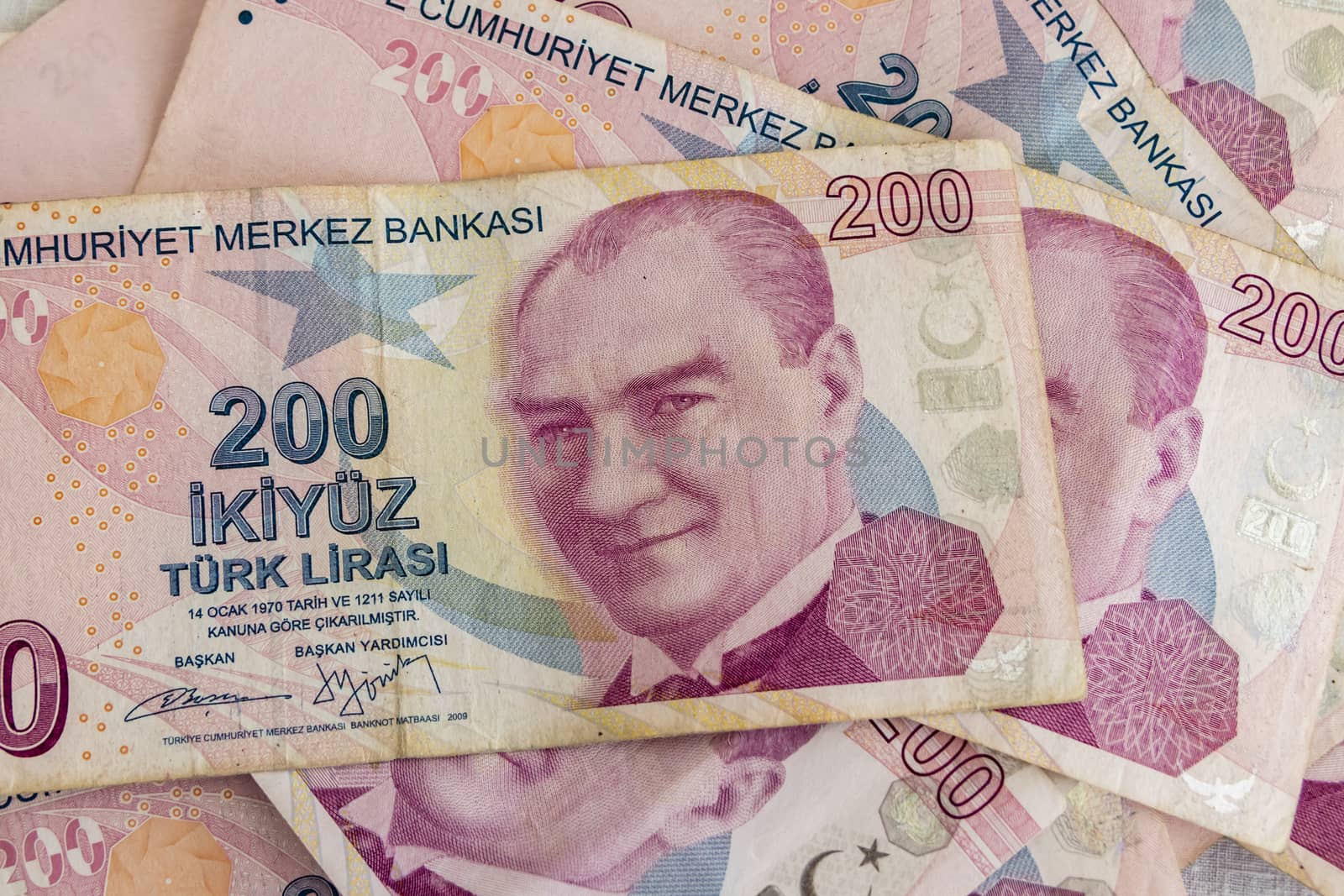 close up turkish lira banknotes on background