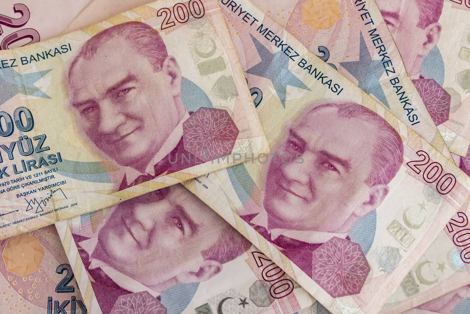 close up turkish lira banknotes on background