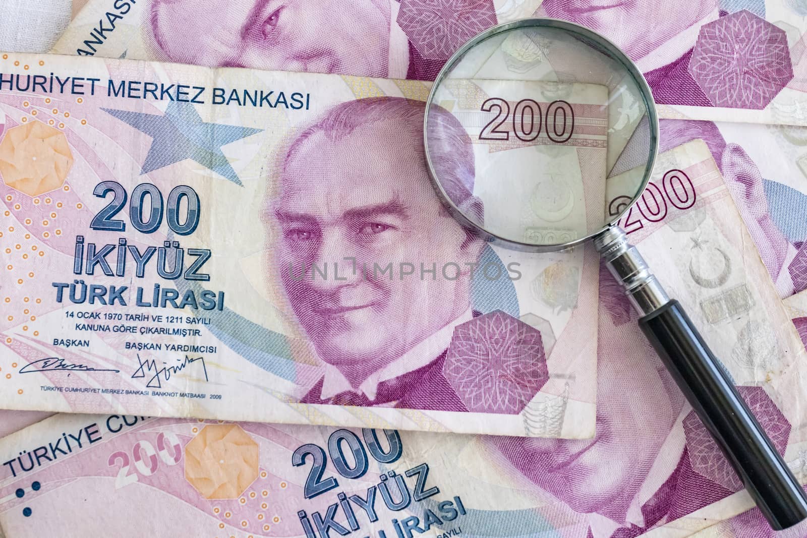 close up turkish lira banknotes on background