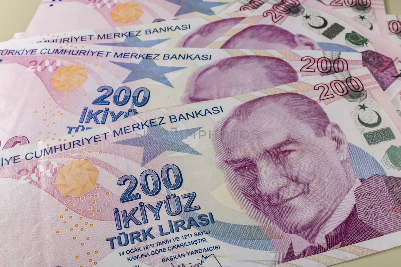 close up turkish lira banknotes on background