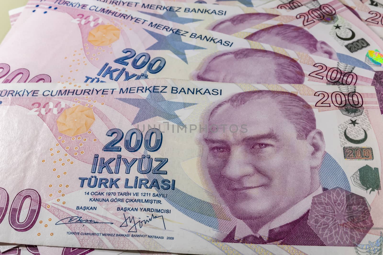 close up turkish lira banknotes on background
