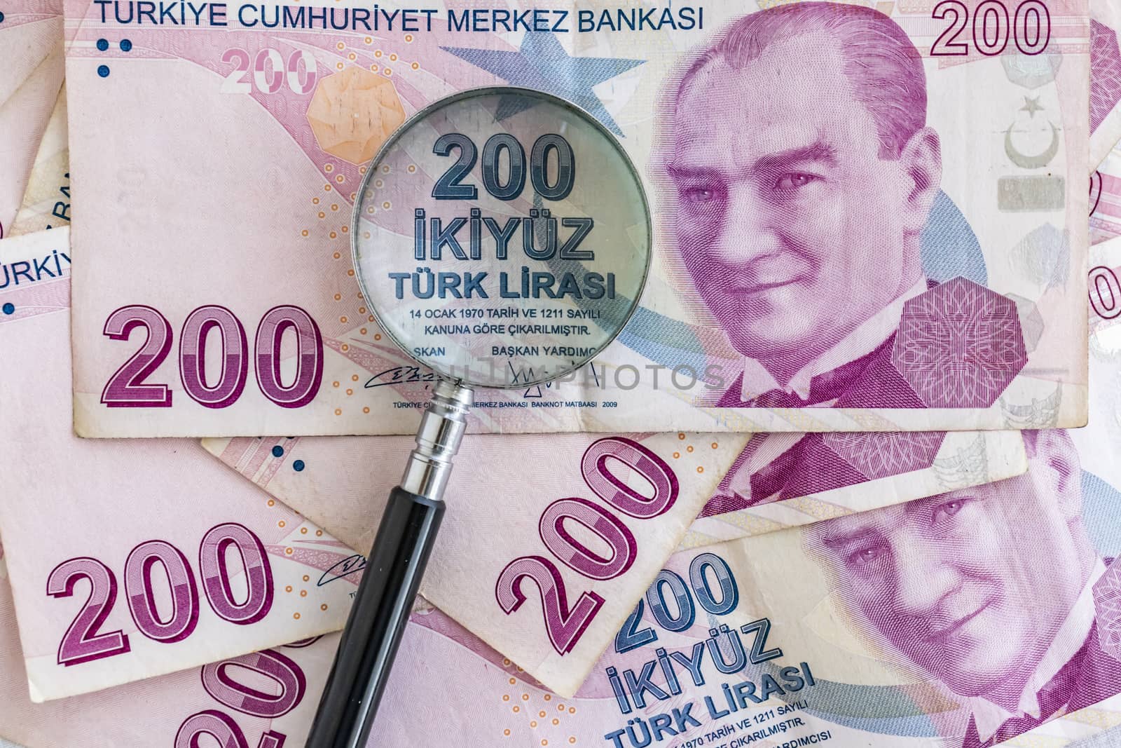 close up turkish lira banknotes on background