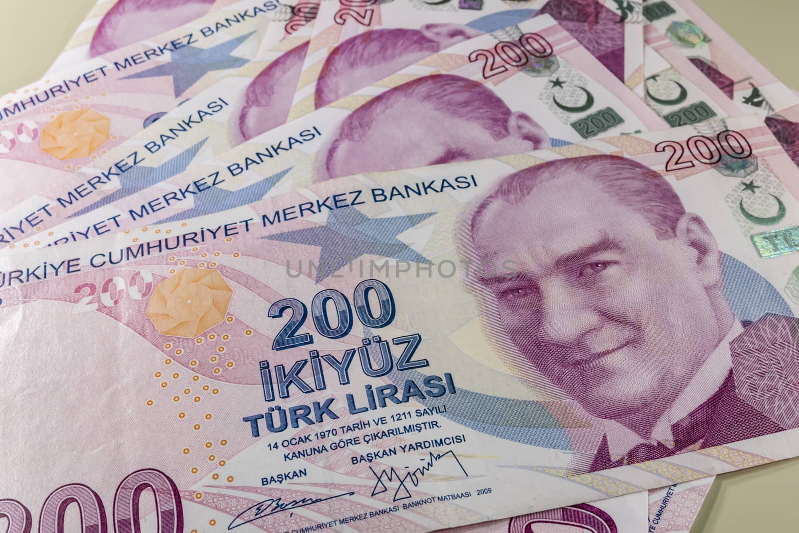 close up turkish lira banknotes on background