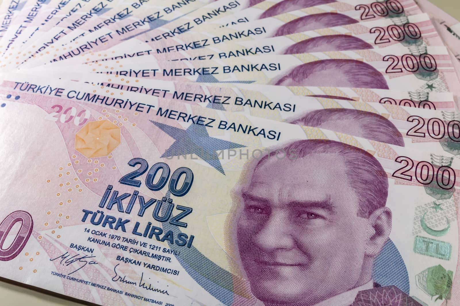 close up turkish lira banknotes on background