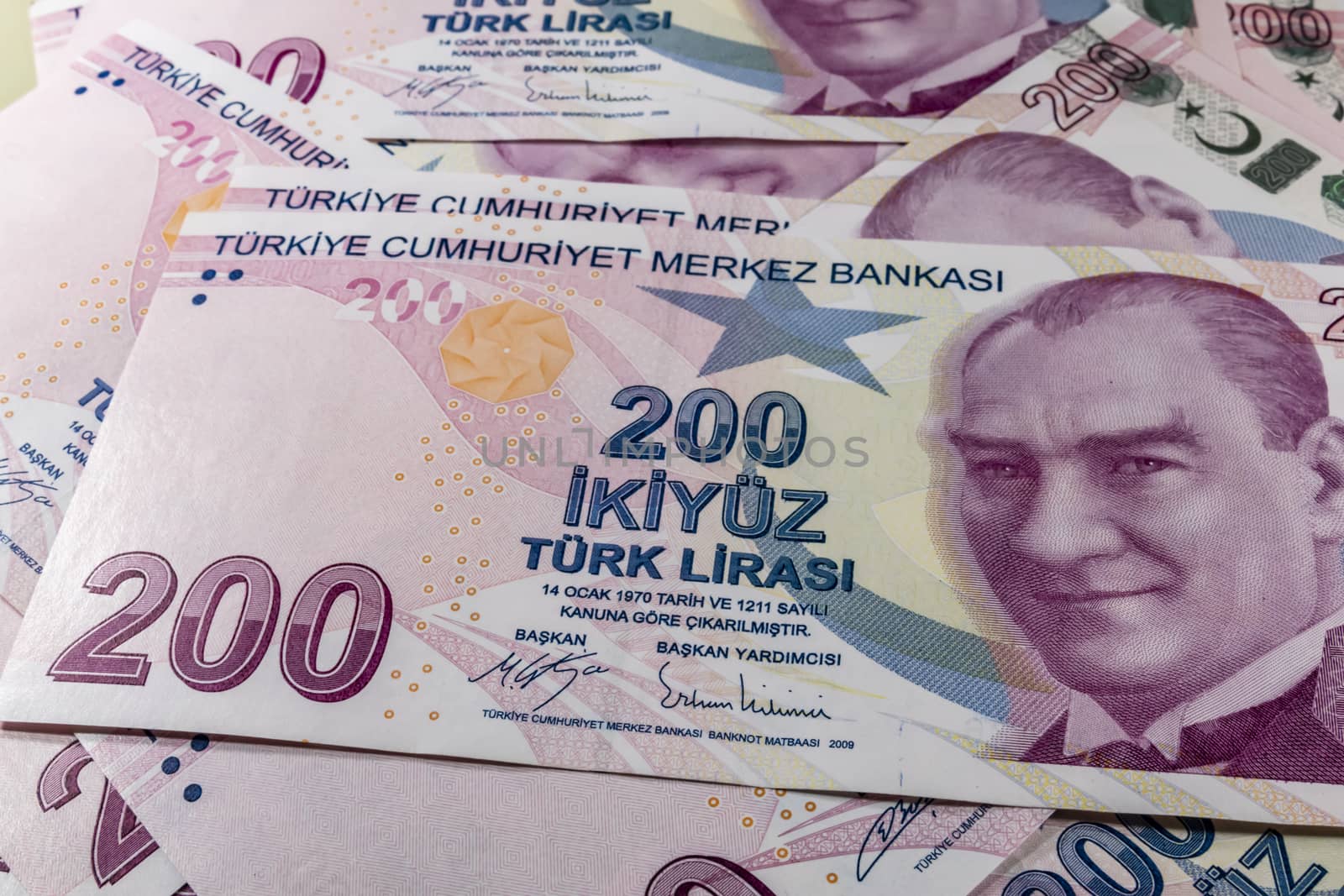 close up turkish lira banknotes on background