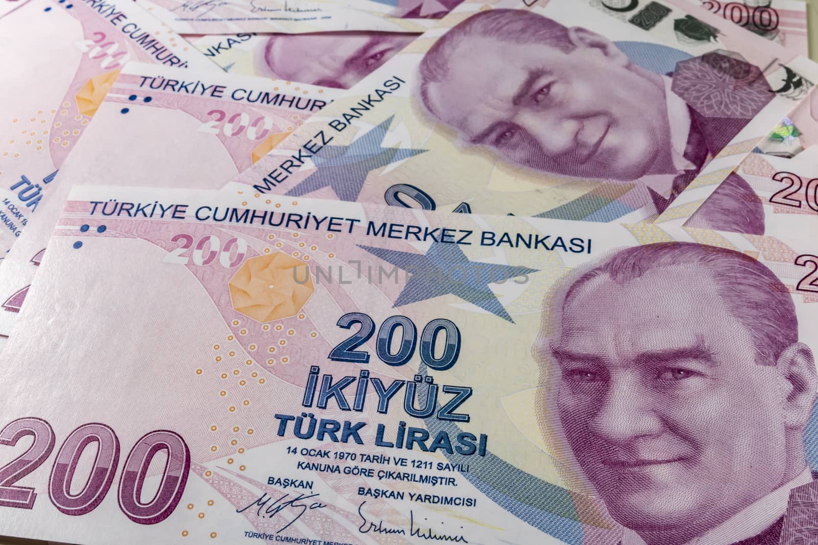 close up turkish lira banknotes on background