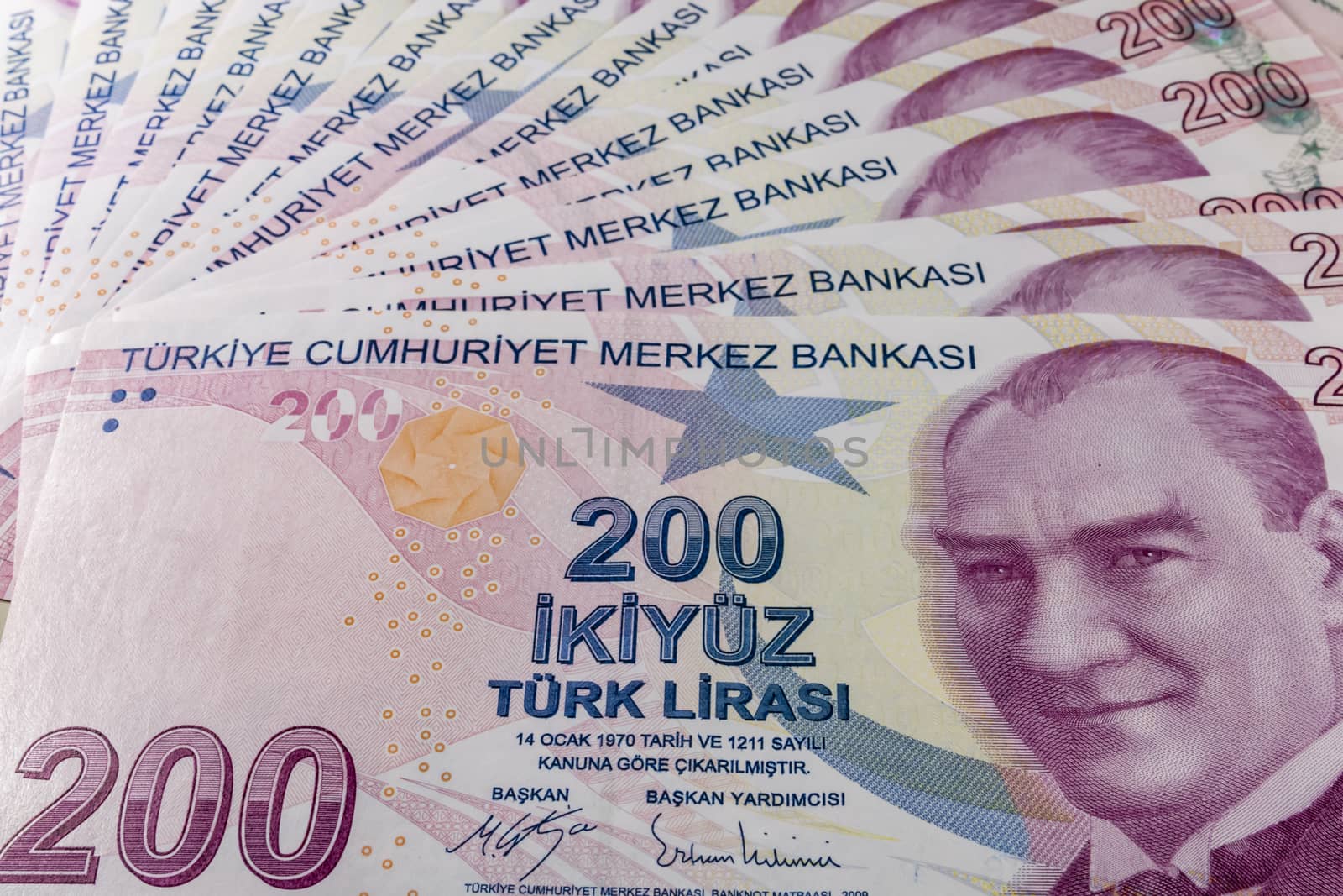 close up turkish lira banknotes on background