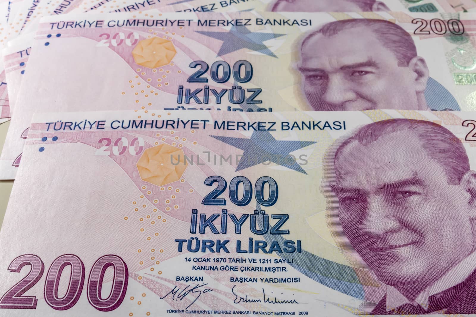 close up turkish lira banknotes on background