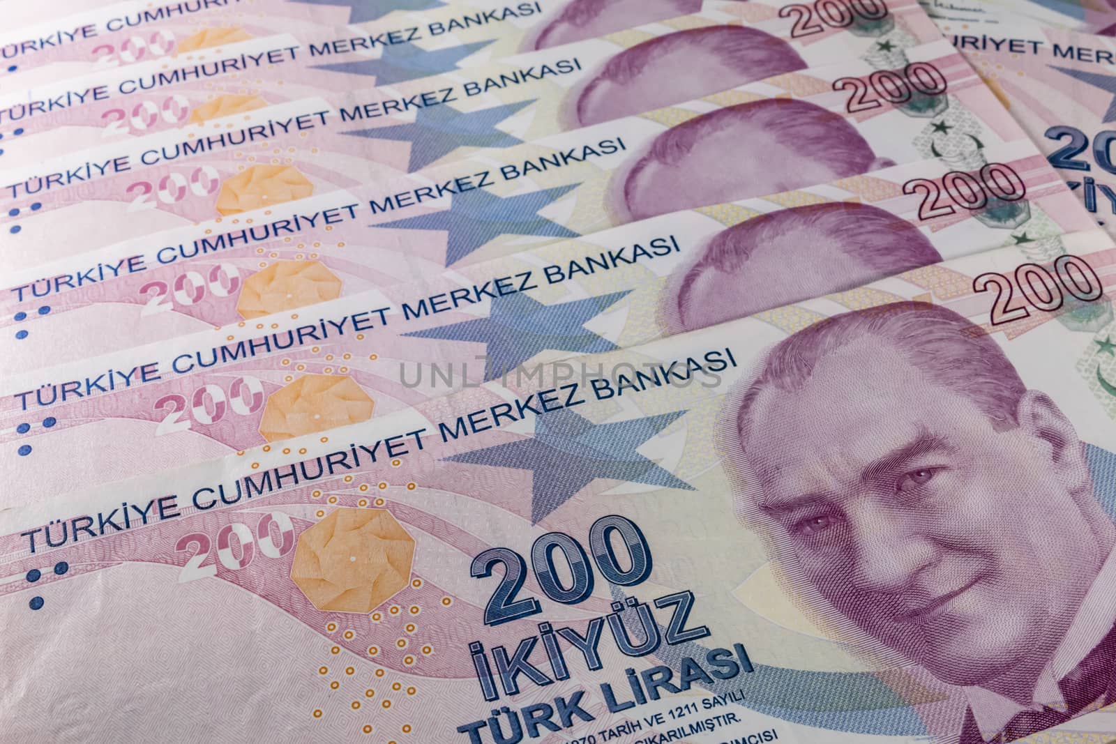 close up turkish lira banknotes on background