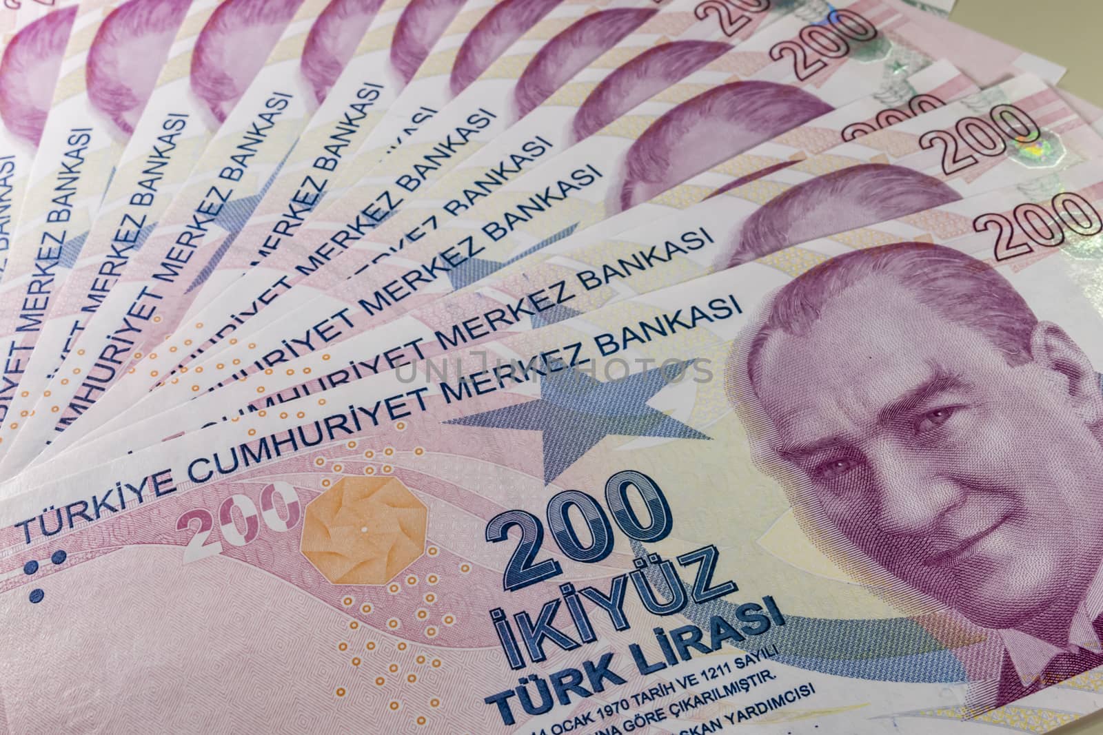 close up turkish lira banknotes on background