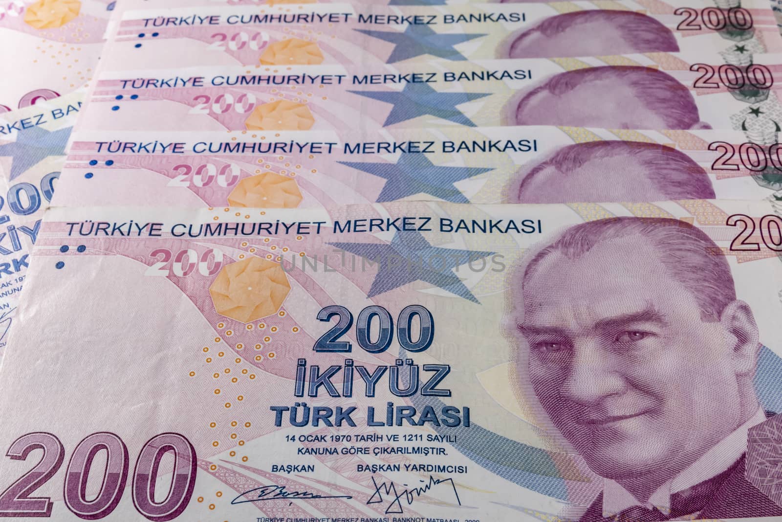 close up turkish lira banknotes on background