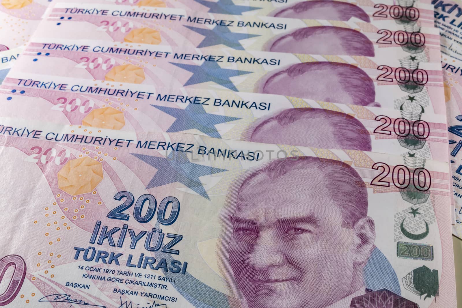 close up turkish lira banknotes on background