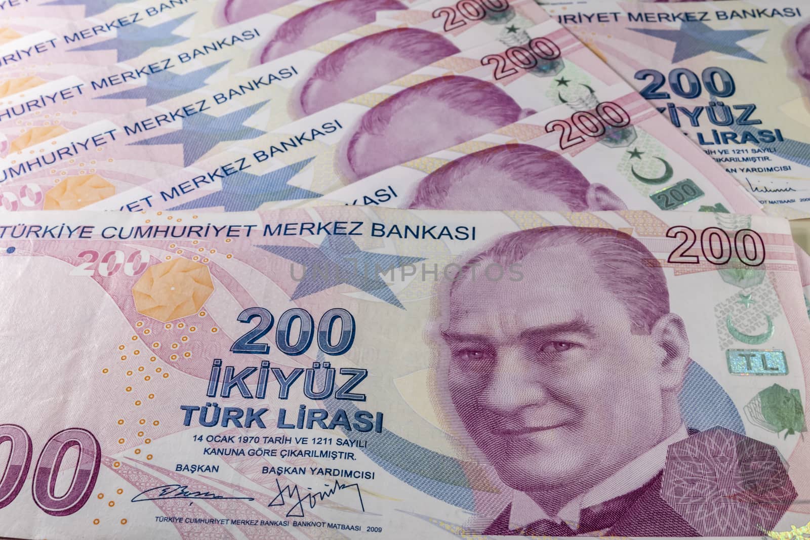 close up turkish lira banknotes on background