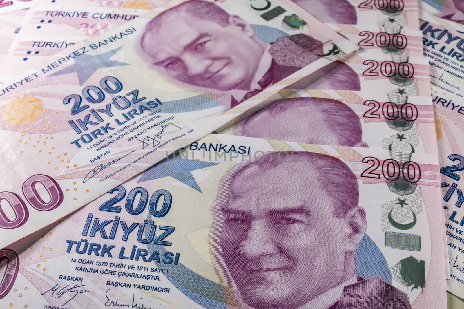 close up turkish lira banknotes on background