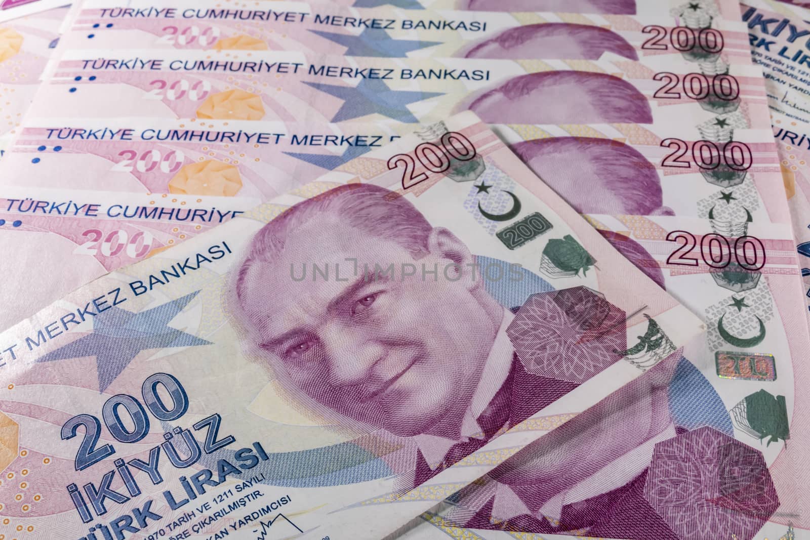 close up turkish lira banknotes on background