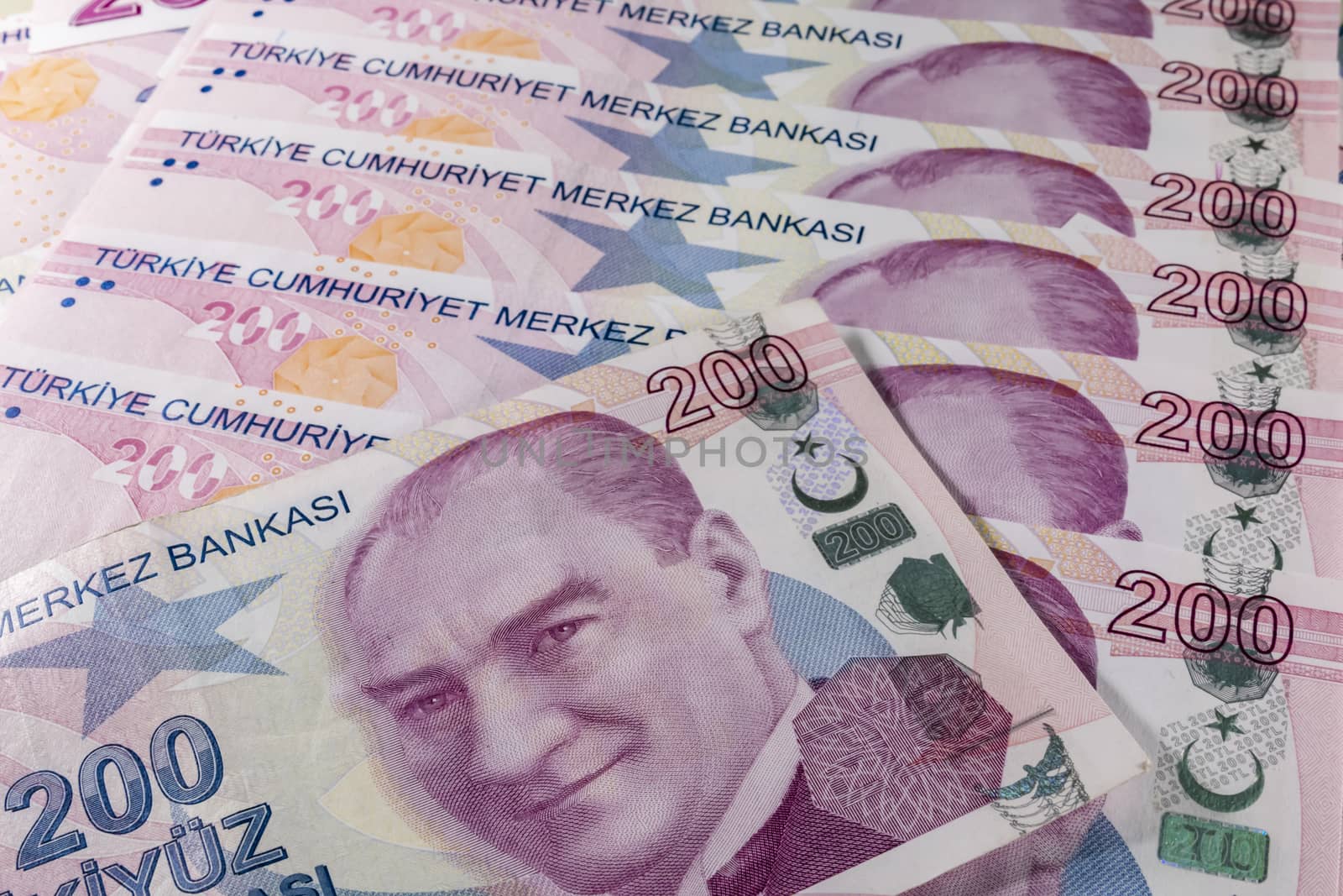 close up turkish lira banknotes on background