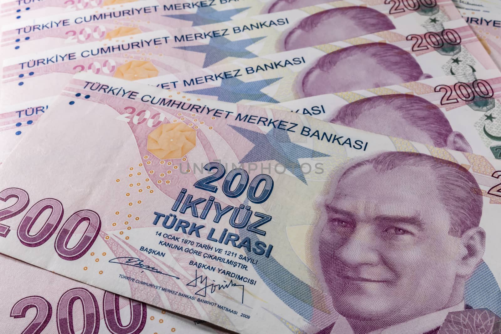 close up turkish lira banknotes on background