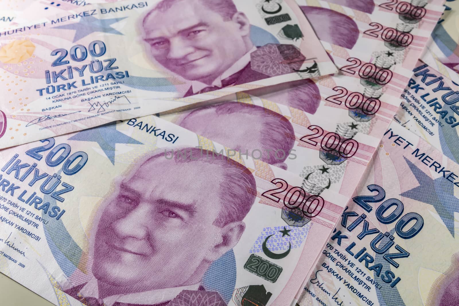 close up turkish lira banknotes on background