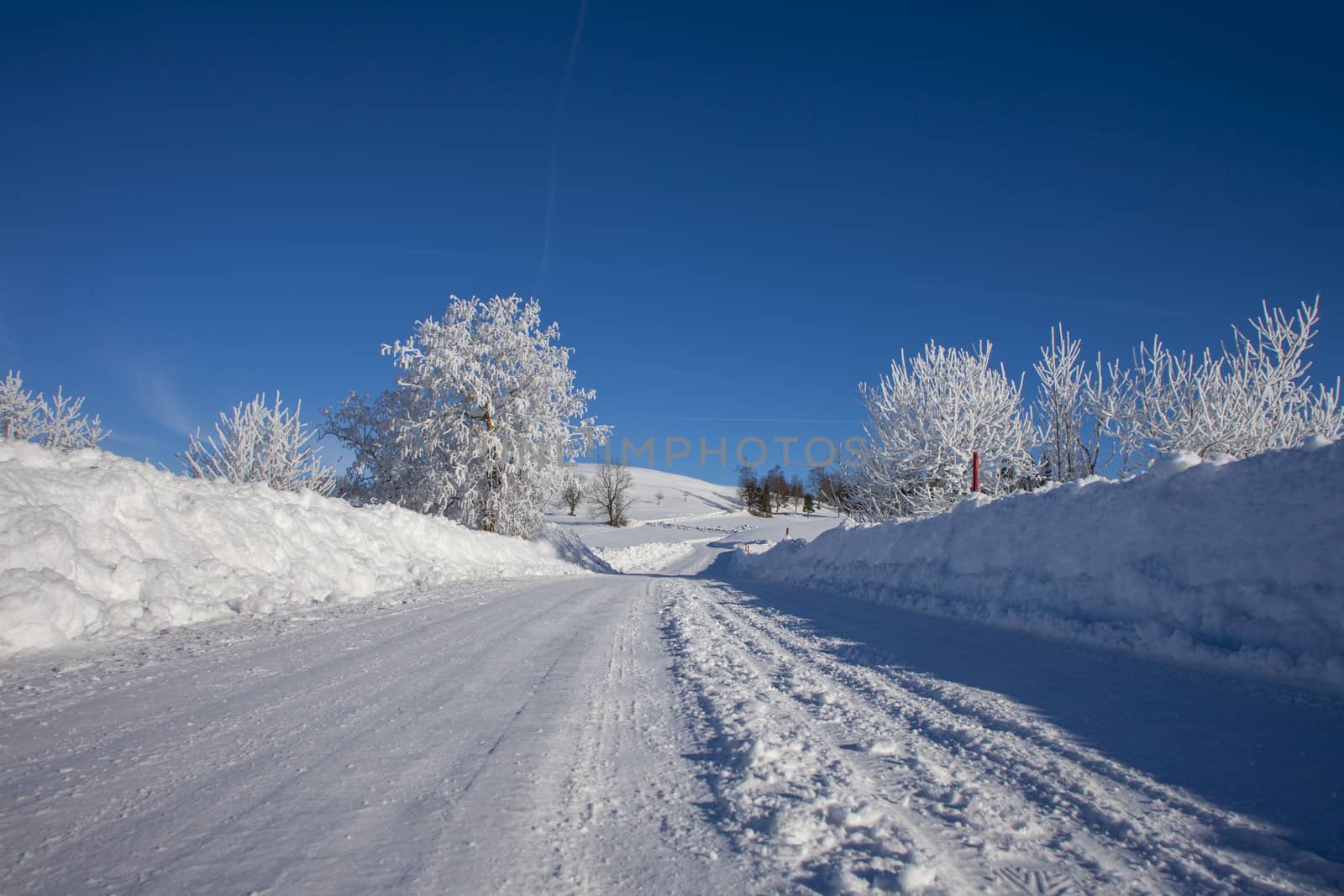 clear blue sky with snow in the mountains of Switzerland, Zugerberg. Tracks in the snow