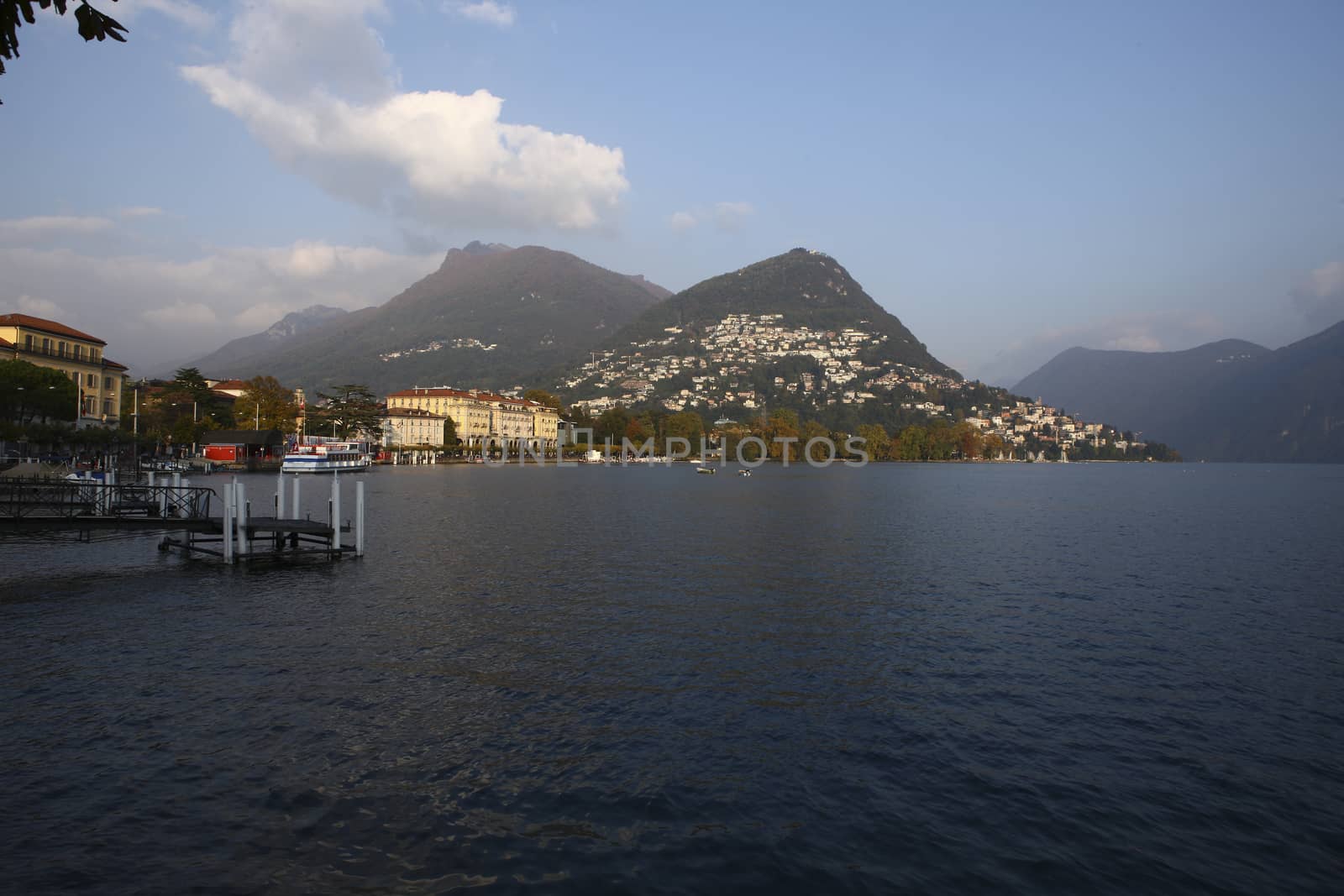 Water front with view of Lugano city and lake, Switzerland with lake and mountains